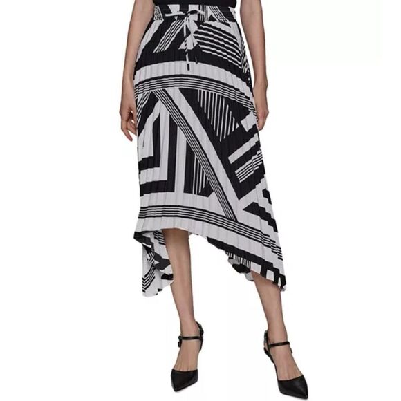 Karl Lagerfeld Paris Geometric Shark Bite Hem Pleated Skirt in Black/White Small - Picture 1 of 8